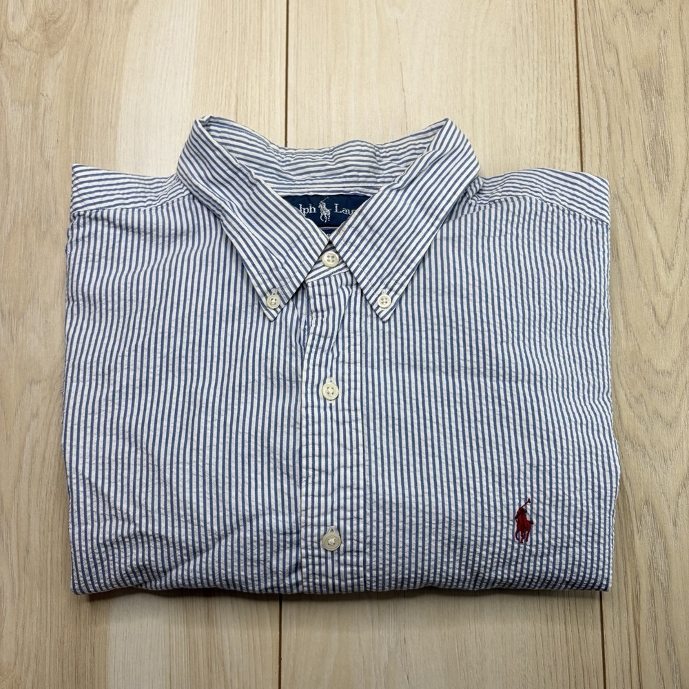 Ralph Lauren Mens Classic Fit Button Down Seersucker Striped Shirt XXL Red Pony